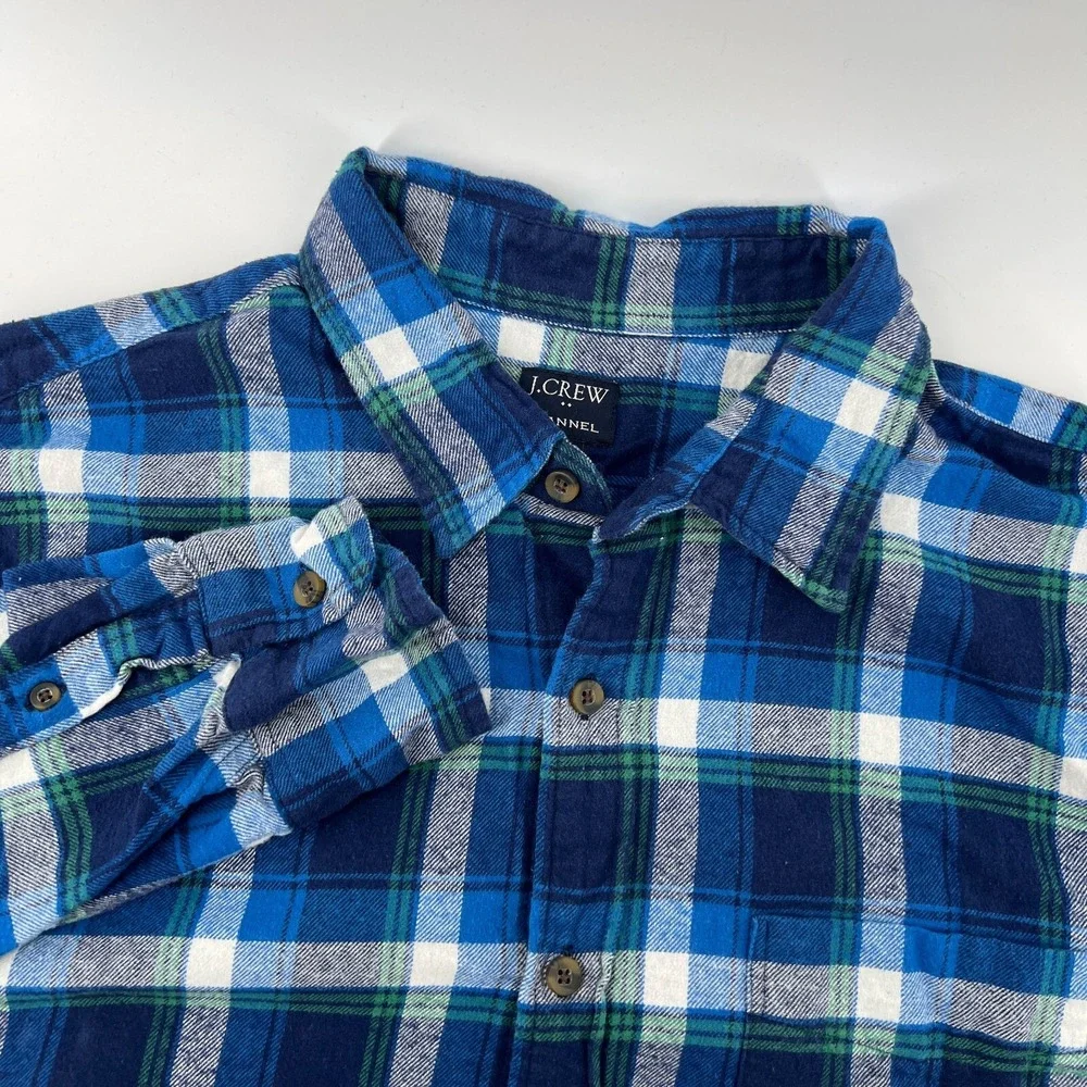 J.Crew Men L Button-Up Long Sleeve Flannel Shirt Blue Green Plaid‎ Collar Pocket